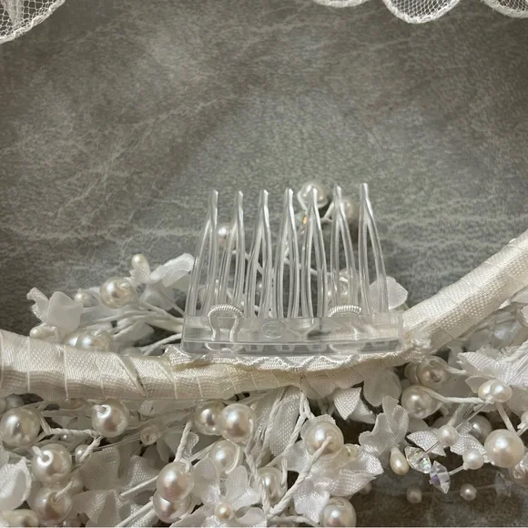 Vintage Bridal Veil Bright White Tulle Pearls and Crystal Elbow Length